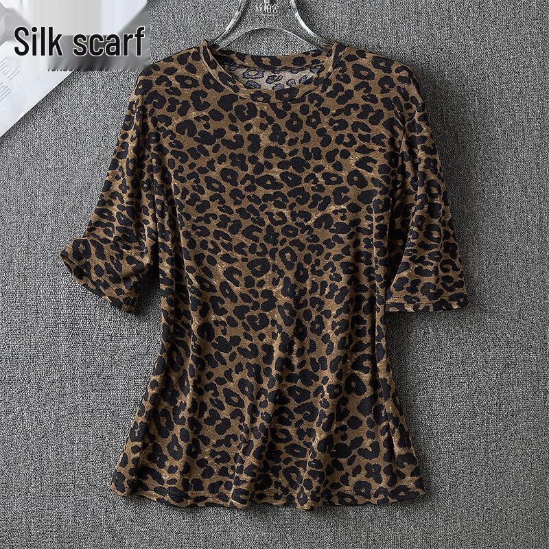 Women s Slim Fit Leopard Print Round Neck T-Shirt One Size