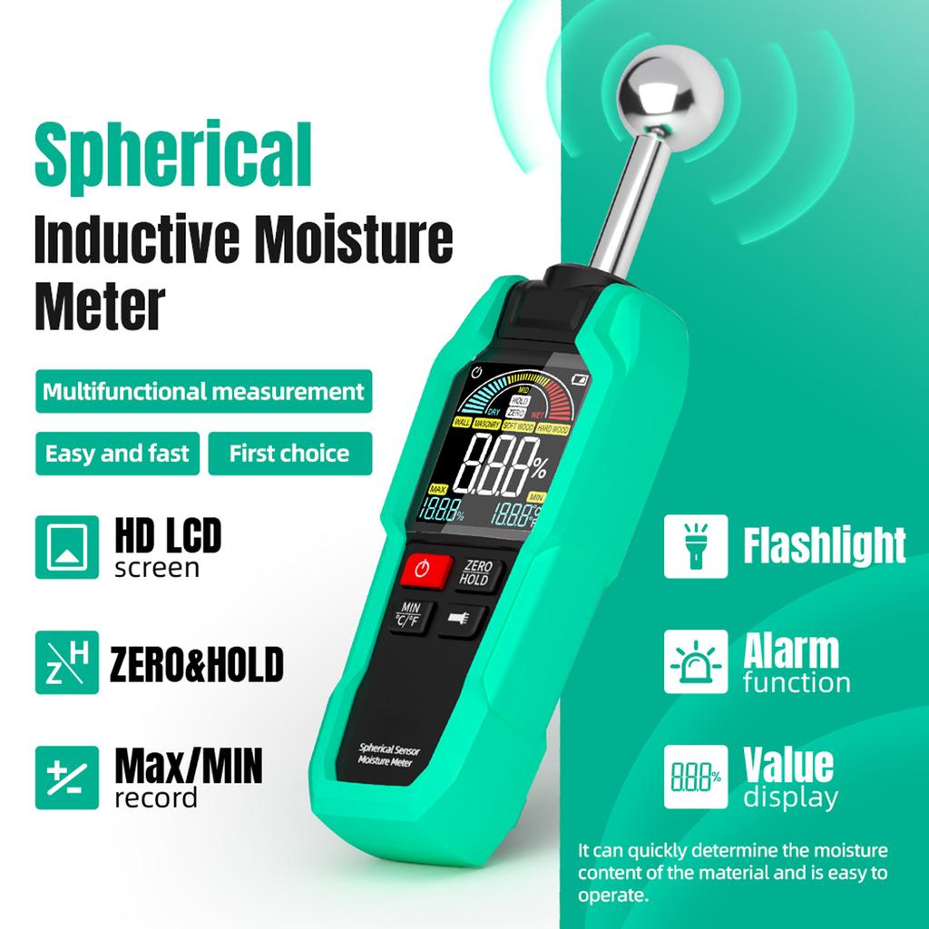 Green Pinless Wood Moisture Meter Rechargeable Non Destructive Tester 0 100 RH 5 40mm Depth for Lumber Drywall
