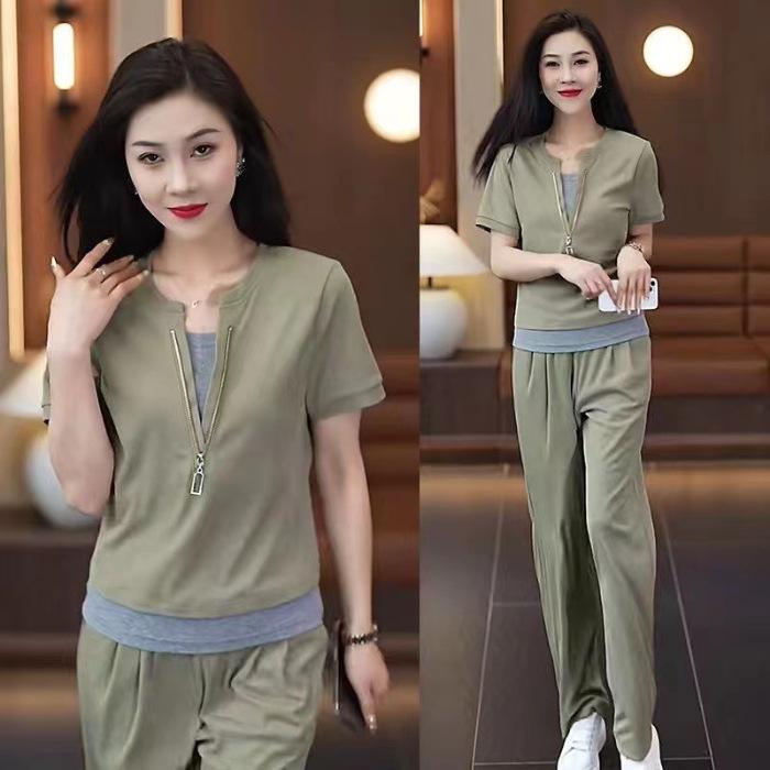 Short Sleeve Casual Sportssuit Women's Summer New Fashion Age-reducing Holiday Two-piece Top Straight-leg Pants Two-piece Set