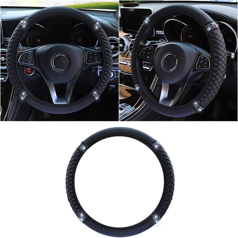 Universal Car Steering Wheel Cover 37-38cm Leather Embroidered Color Diamond-Studded Elastic Four Seasons Steering Wheel Cover