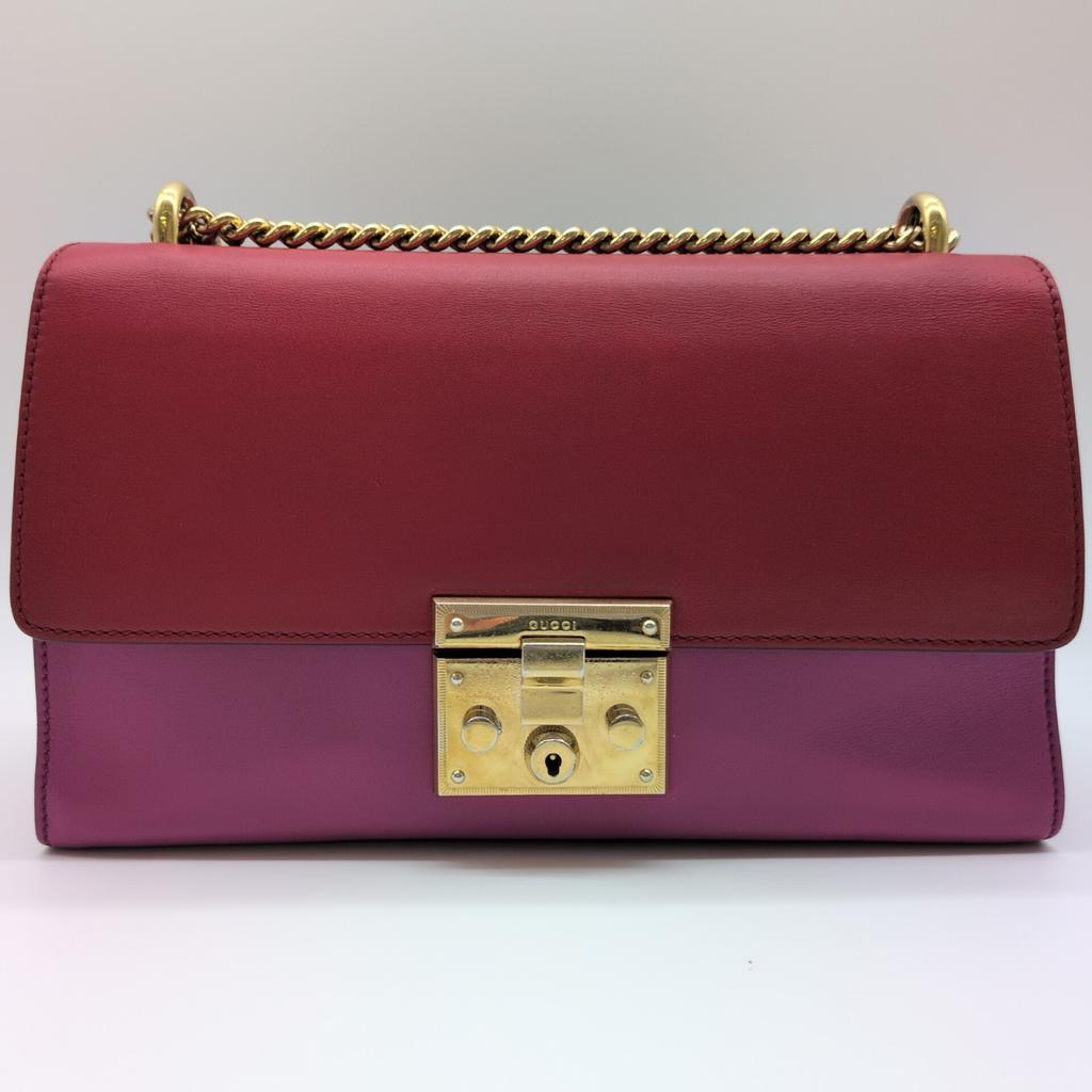 Gucci Gold Chain Shoulder Bag Crossbody Diagonal Strap 409486 Padlock Two-Tone Bicolor Pink Red Leather Women's