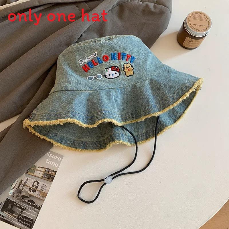 Hello Kitty Denim Cotton Embroidered Sun Hat With Wide Brim For Summer Sun Protection средний синий