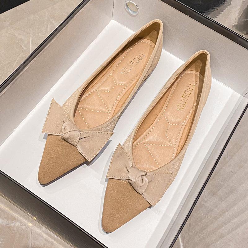 Flats Shoes for Women Comfortable PU Leather Flats Pointed Toe Dress Shoes With Bow-knot Women's Slip On Work Flats Ballet Flats Soft Walking Shoes