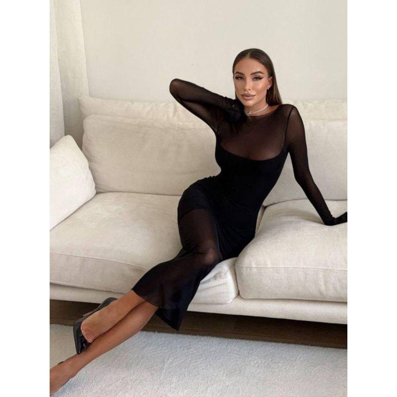 Fashion Elegant Sexy See-through Mesh Patchwork Dress Fashionable Slim-Fit Sheath Long Sleeves Black Primer Dress
