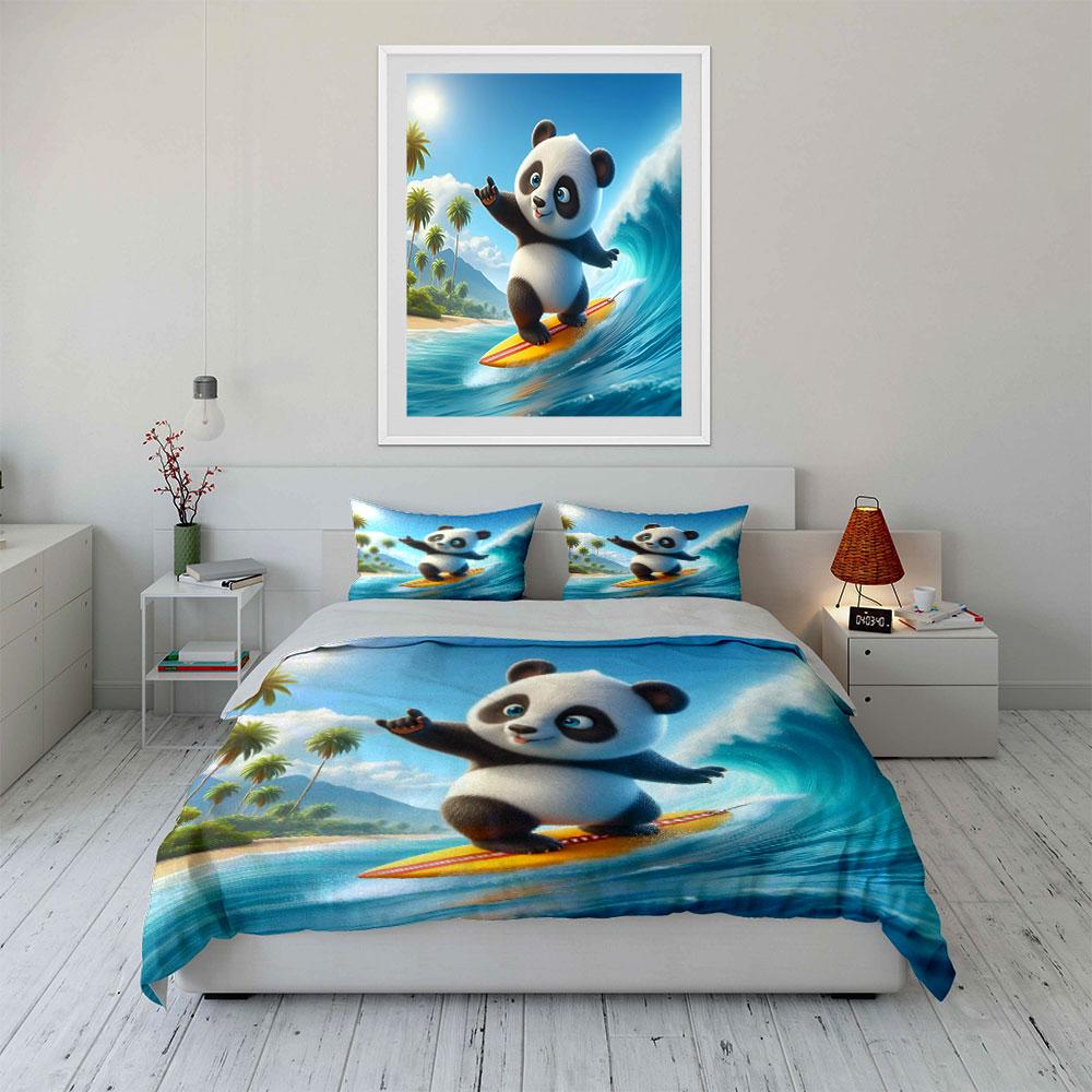 Surfender Panda mit Wellen. Bettwäsche-Sets Bettbezug-Sets Bettbezüge Kissenbezüge(1 * Bettbezug 2 * Kissenbezüge ohne Bettdecke)
