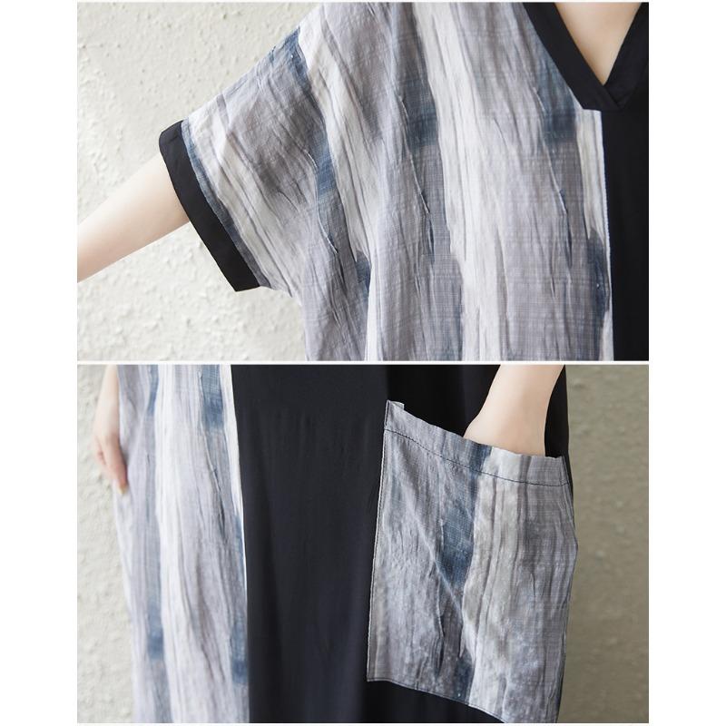 DIMANAF 2025 Summer Women Plus Size Dress Basic Casual Dress Loose Vintage Printing Long Beach Short Sleeve Dress
