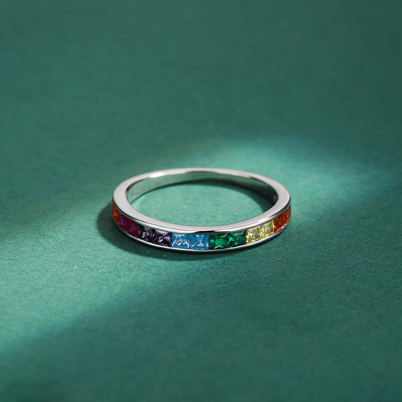 Stylová kolekce Rainbow Square plná zirkonových párových prstenů pro ženy Originální originální šperky Sterling S925 Silver Valentine