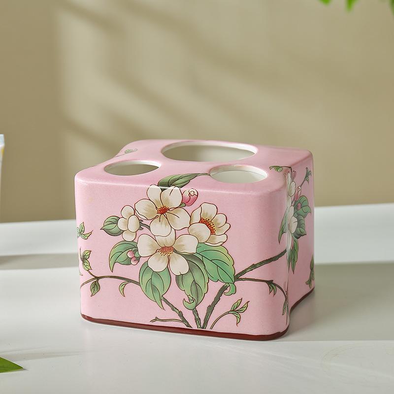 Creative Painted Floral Bird Ceramic Toothbrush Holder Artistic Three-hole Couple Toothbrush Holder Bathroom Toothpaste Storage
