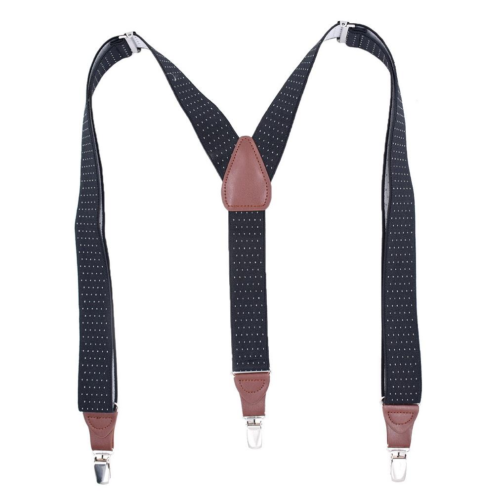 Men Elastic Y-Back Suspenders Stripe Dots Pattern 3 Clips Heavy Duty Trouser Braces