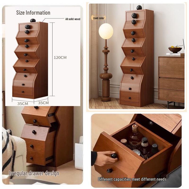 Solid Wood Irregular Five-Drawer Cabinet with Bead Design - Unique Living Room Storage Shelf