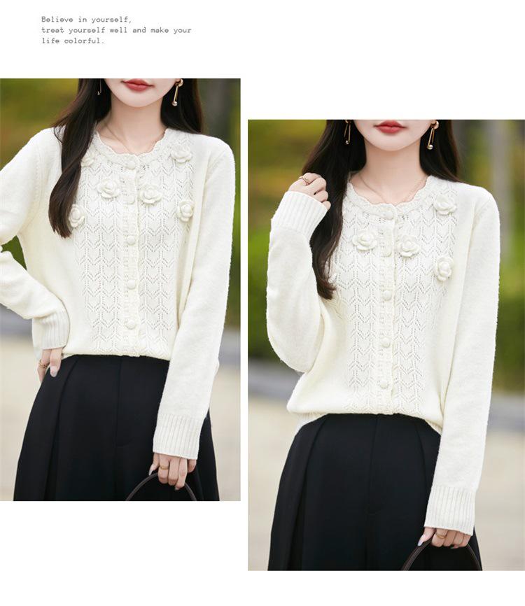Handmade Pure Wool Hollow Out Knit Cardigan with Floral Design - Red, Autumn/Winter.
