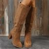 Women Retro High Heels Boots Western Cowboy Chunky Shoes  Winter New Warm Plush Leather Knee High Long Suede Boots 2025