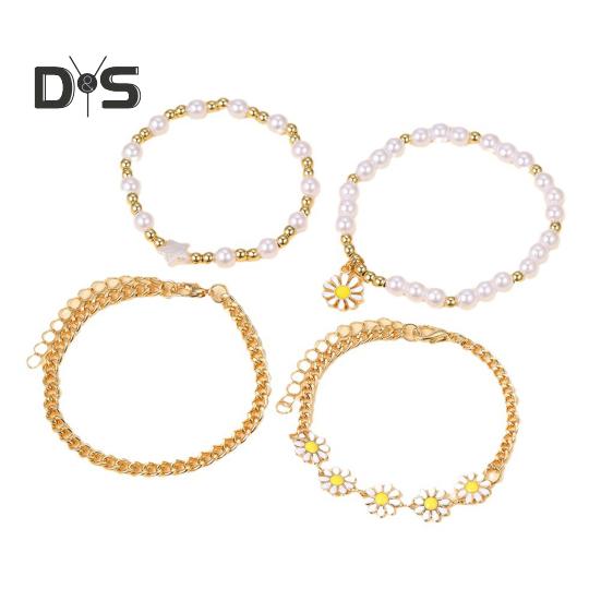 4 Pcs Women Bracelet Set Adjustable Length Hollow Out Chain Faux Pearl Flower Polished Stainless Lightweight Bohemian Bangle Wrist Jewelry