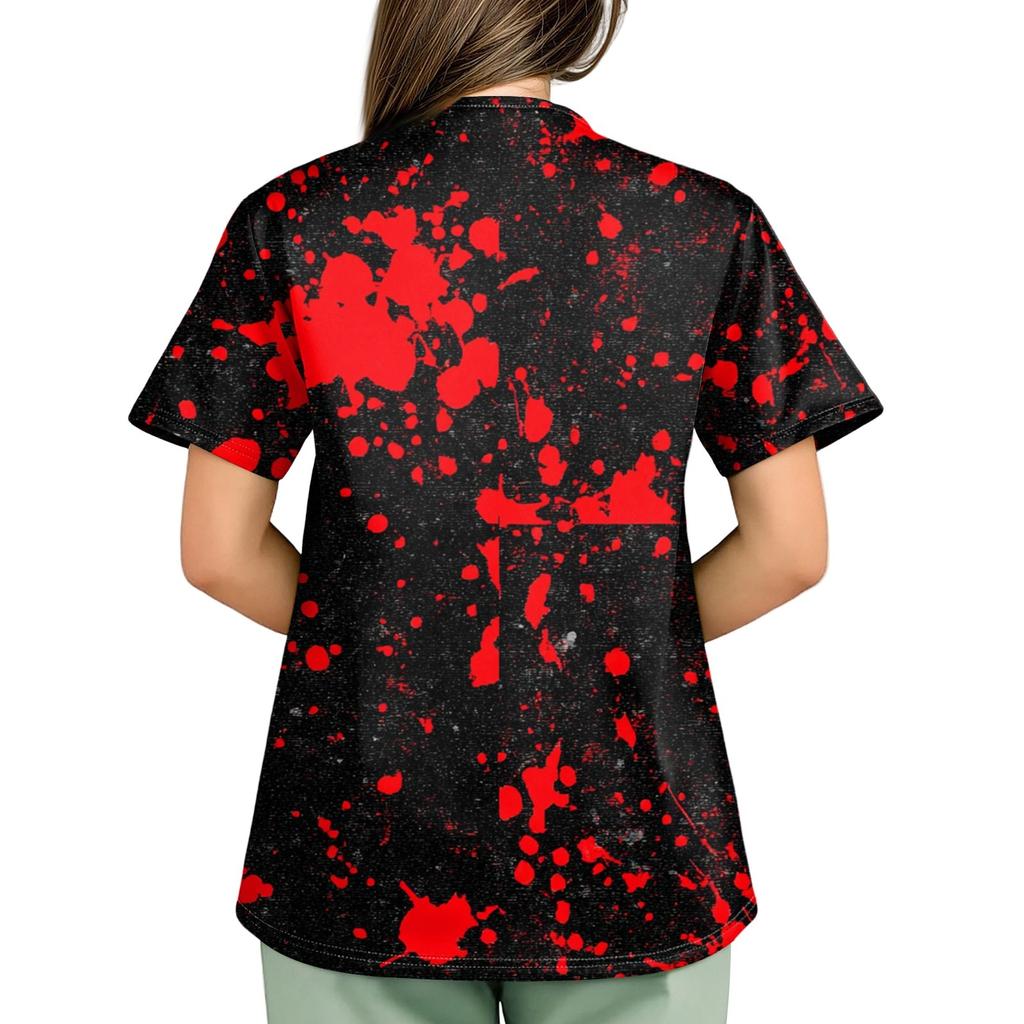 Plus SizePrinted Scrub Working Uniform Tops For Women's Cross V-Neck Halloween Print Short Sleeve Fun T-Shirts Workwear Tee With Pockets