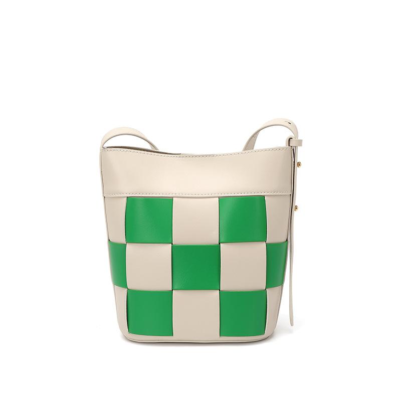 New Checkerboard Cowhide Versatile Bucket Bag Women's Large-capacity Niche Shoulder Messenger Bag