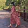 2025 Summer New Floral Cotton and Linen Dress Women's Loose Large Size Round Neck Five-quarter Sleeve Printed Medium and Long Skirt