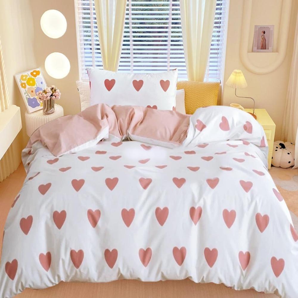 aesthetic heart-shaped pattern, Duvet Cover White red zipper ultra-fine fiber down duvet cover setsuitable for girls and women
