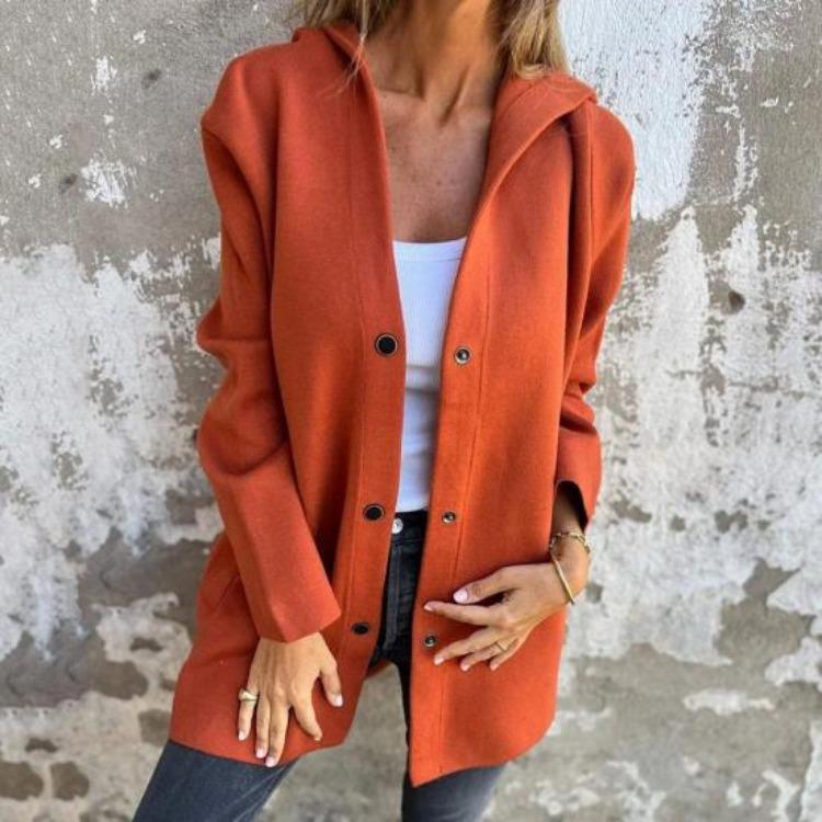 Loose Mid Length Coat Cardigan for Women Thick Hooded with Pockets Solid Color Down Button Fall Winter Outdoor Travel