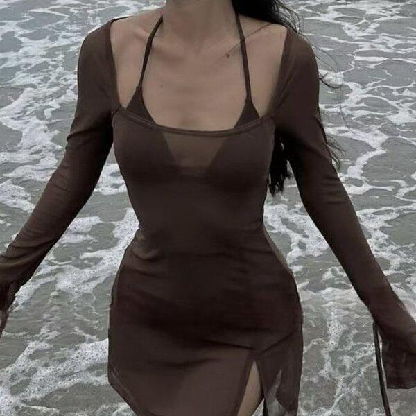 Square Collar Solid Mini Dress For Women Y2k Clothes Gauze Sexi Night Dress Hot Club Outfits Sheer Vestidos De Mujer Long Sleeve