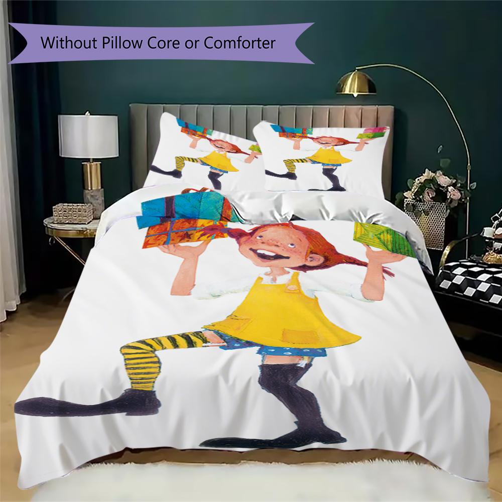 Pippi Langstrumpf Muster Bettwäsche Steppdecken-Set Bettbezug Kissenbezug Heimdekoration Geburtstagsgeschenk (1 * Bettbezug + 2 * Kissenbezug ohne Füllung)115