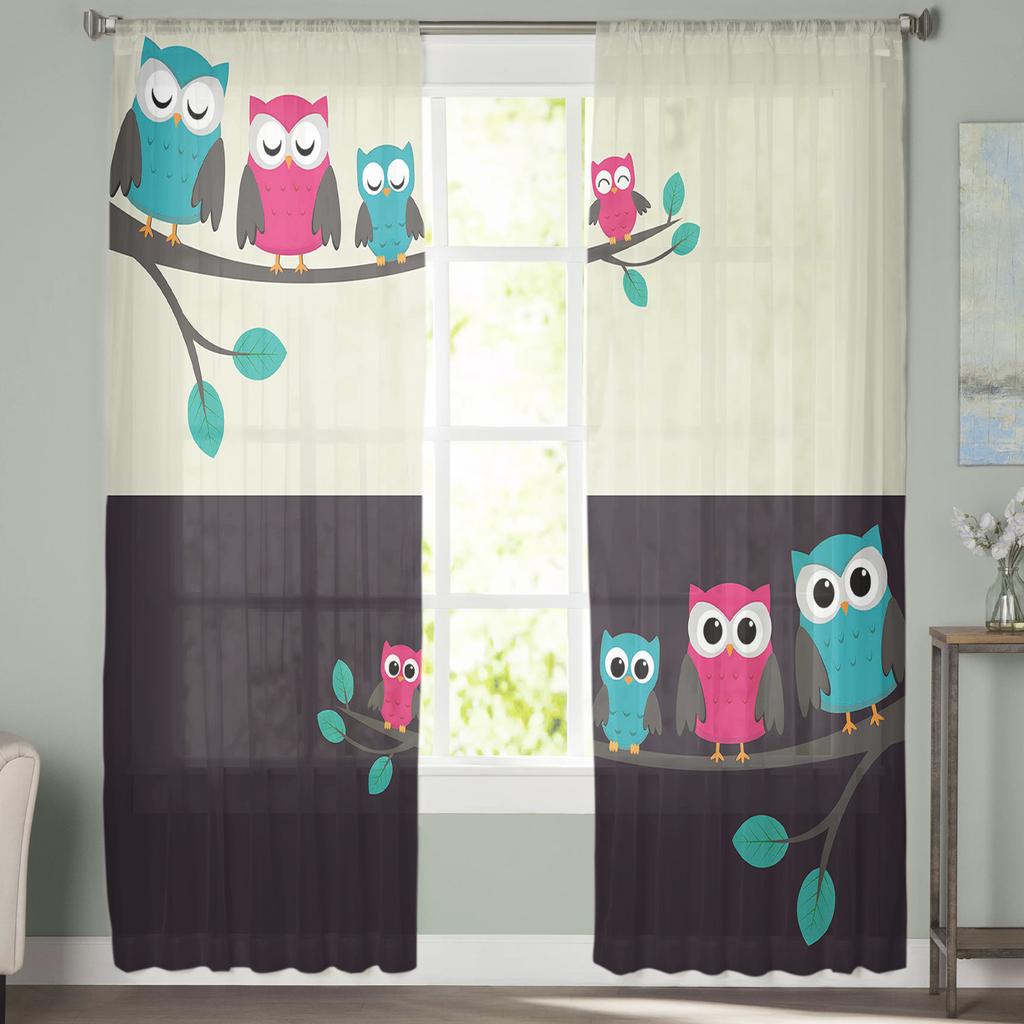 Cartoon Animals Cute Owl Curtain Window Tulle For Living Room Bedroom The Kitchen Window Treatment Decorations Curtains