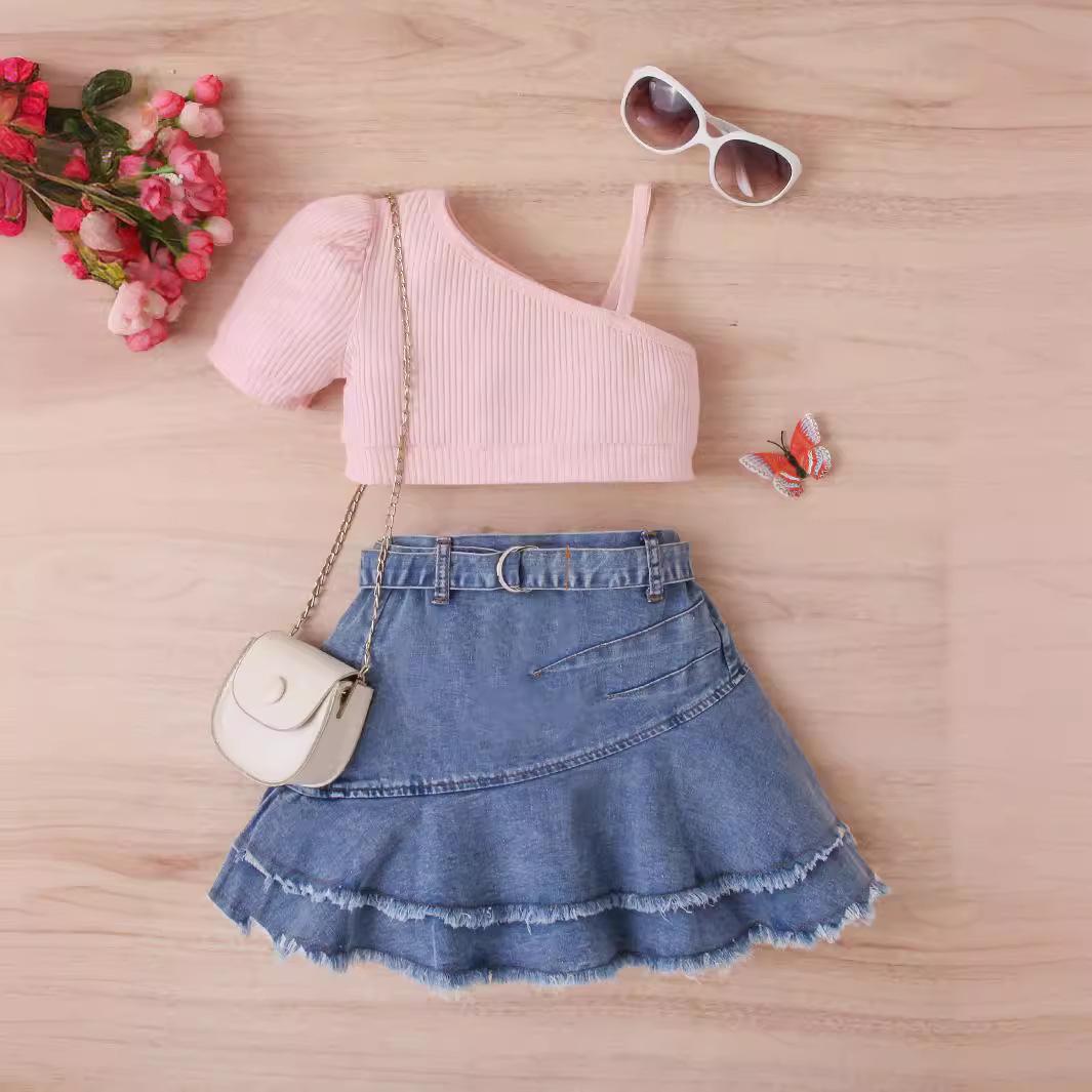 

Дівчачий костюм літній дитячий однотонний топ з короткими рукавами, джинсова плісирована коротка спідниця костюм пояс 100cm рожевий