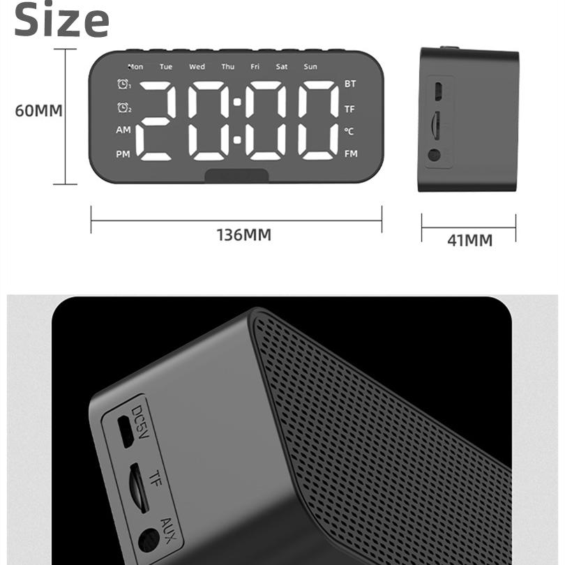 Bluetooth Speaker with Large LED Mirror Screen Digital Alarm Clock with Phone Holder Temperature TF Card Playback for