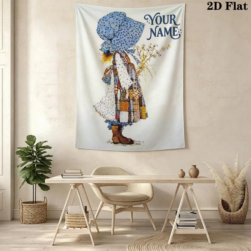 Custom Name Holly Hobbie Wall Tapestry Aesthetic Wall Hanging Printed Fabric Blanket Decorative Tapestries for Bedroom Living Room Home Decor