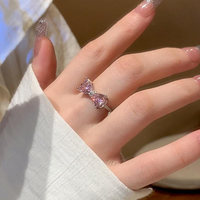 Chic Pink Geometric Diamond Butterfly Bow Ring For Women Trendy Adjustable Band Copper