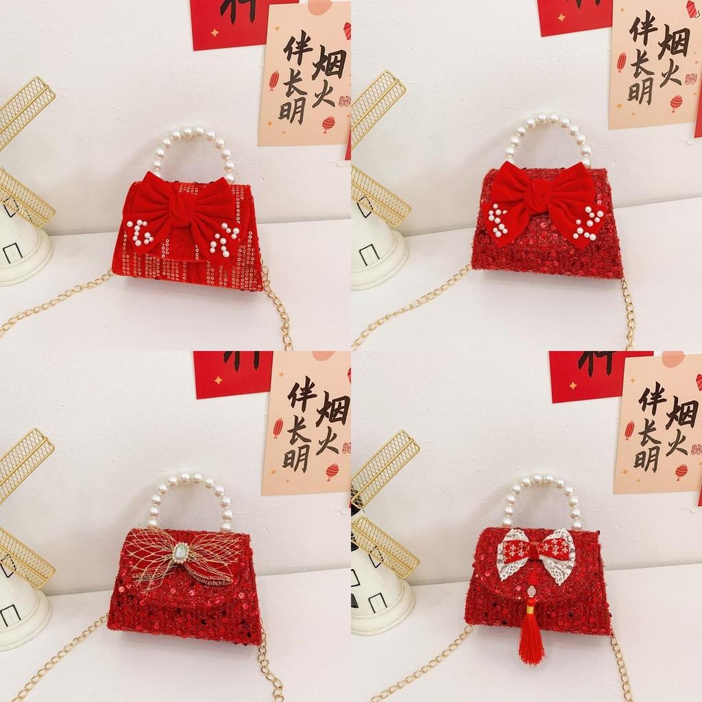 Adorable Red Shimmering Bow Pearl Children's Shoulder Bag For New Year Celebrations