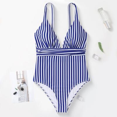 Yaz Monokini V Yaka Askılı Sırtı Açık Tek Parça Bikini Çizgili Baskılı Hızlı Kuruyan Slim Fit Vücut Şekillendirici Monokini