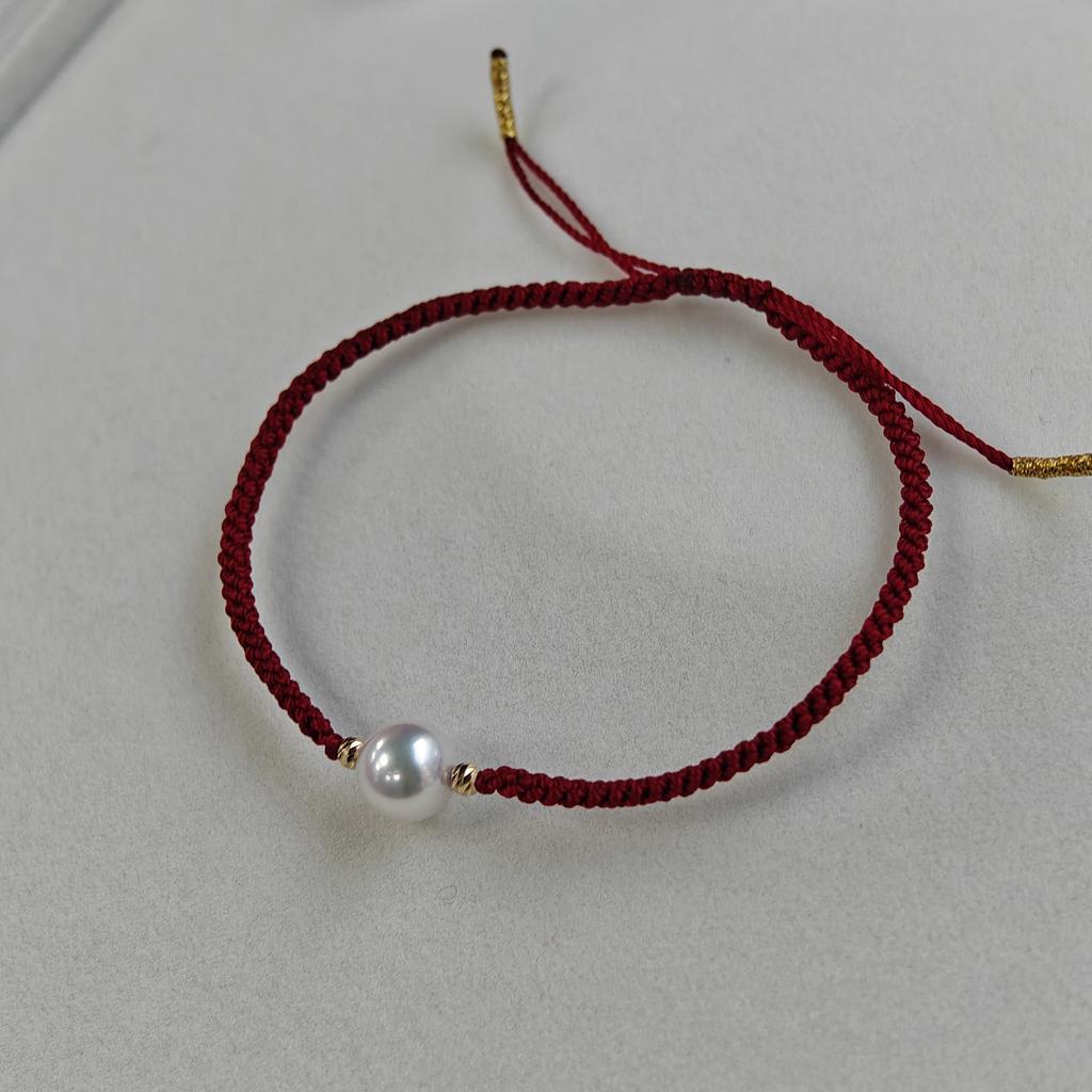 18K Gold Akoya Pearl Adjustable Red String Bracelet - Handmade Woven Style
