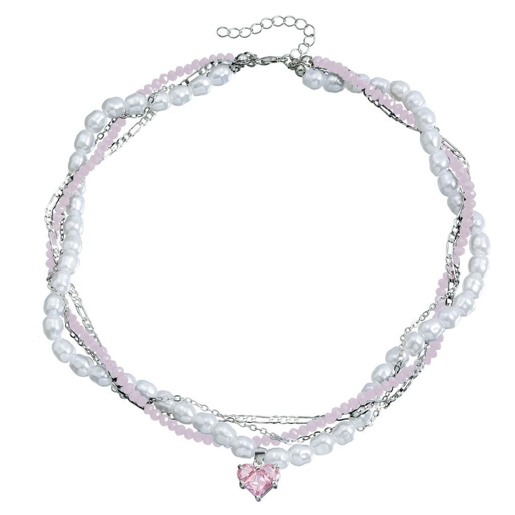 Jewelry Pearl Crystal Zircon Love Pendant Clavicle Chain Light Luxury Winding Multi-Layer Necklace Women