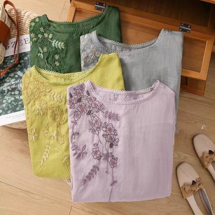 Summer New Thin Crew Neck Shirt Embroidered Literary and Thin Retro Loose Short-sleeved T-shirt