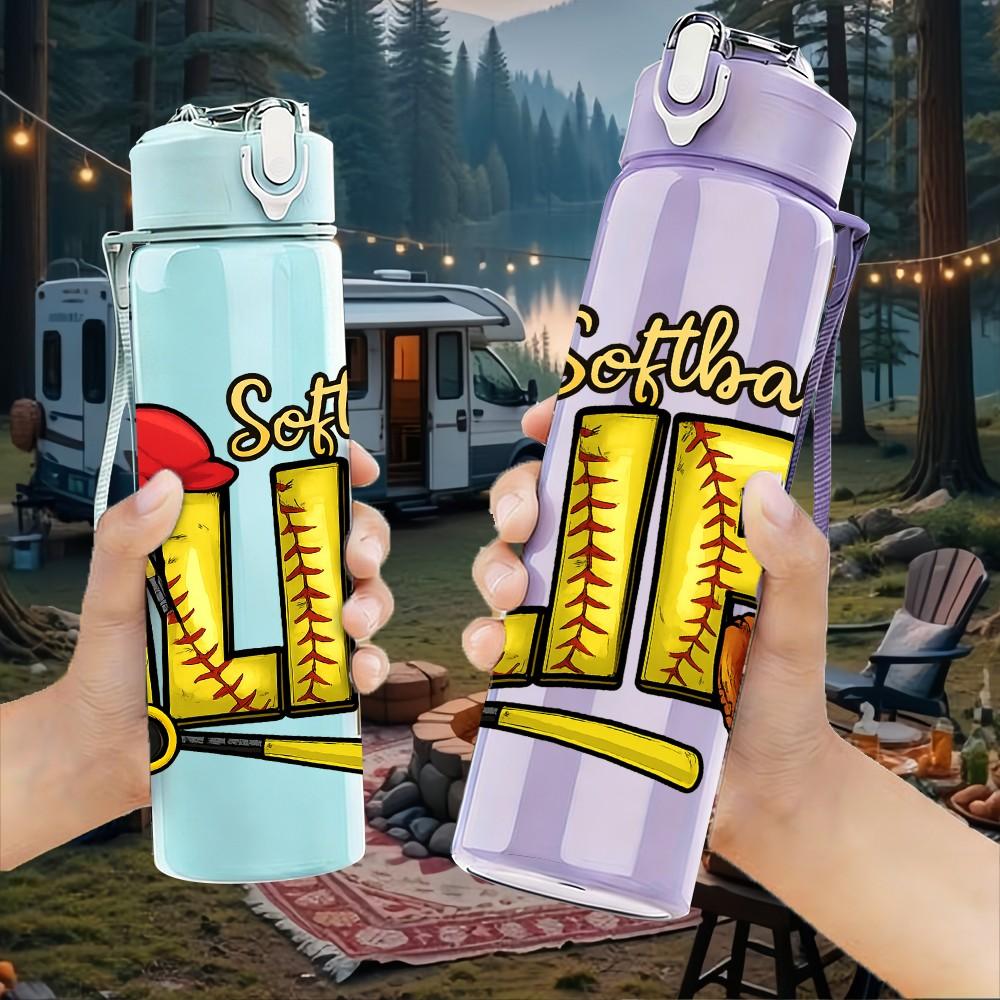 1PC Softball Life Bat Text 750ml Color Plastic Sports Water Bottle Leakproof Flip Straw Lid Suitable for Sports Office Home Use