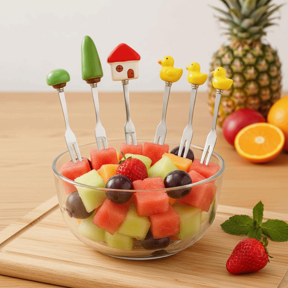 6Pcs Reusable Fruit Dessert Fork Cartoon Cute Fruit Forks Stainless Steel Cake Fork Party Tableware
