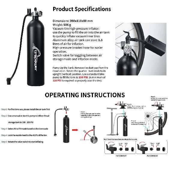 Ctrepower 1.3L Inflator Tyre Air bottle Tire Booster With Valve Gas Cylinder Clear Pressure Gauge For Bike Vacuum Tubeless Tire