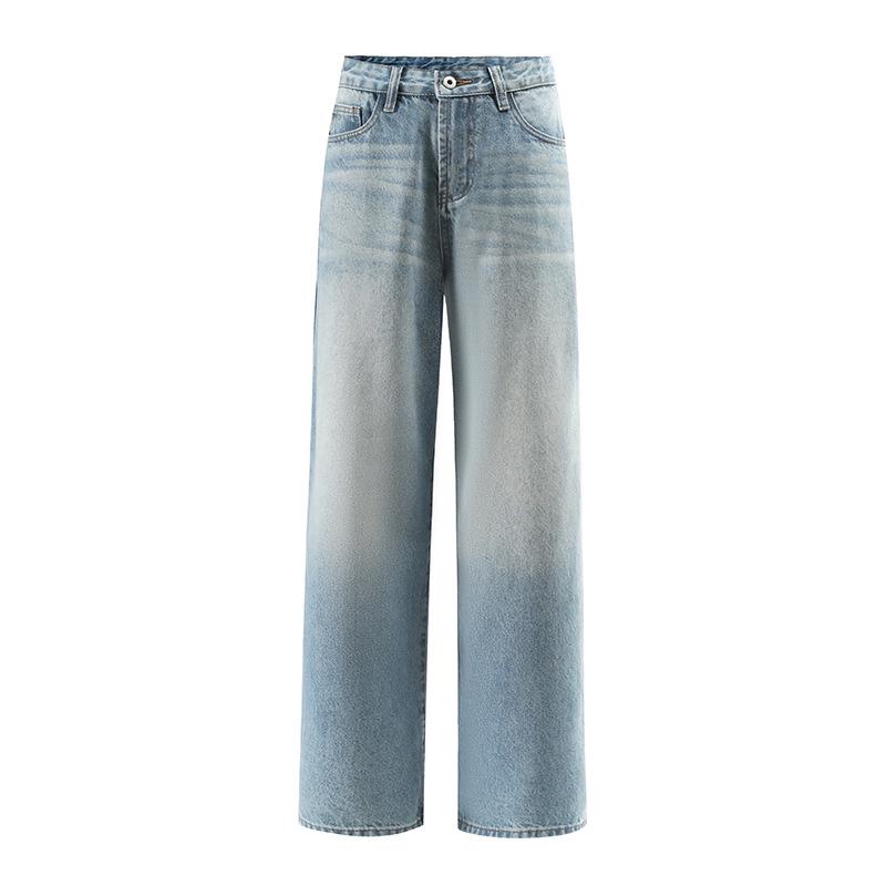 New Washed Blue Loose Cropped Straight Mid-Low Waist Slimming Jeans Medium