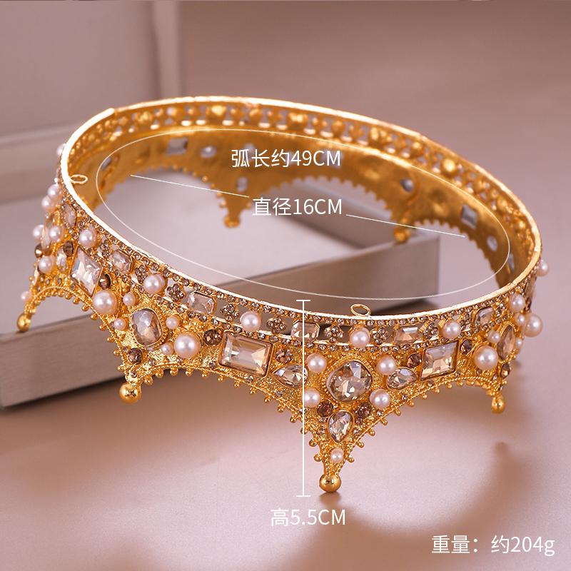 Vintage Gold Royal Crown Round Tiara Bride Head Jewelry Pearl Crystal Hair Accessories Wedding Crown Ornaments Headband Diadem