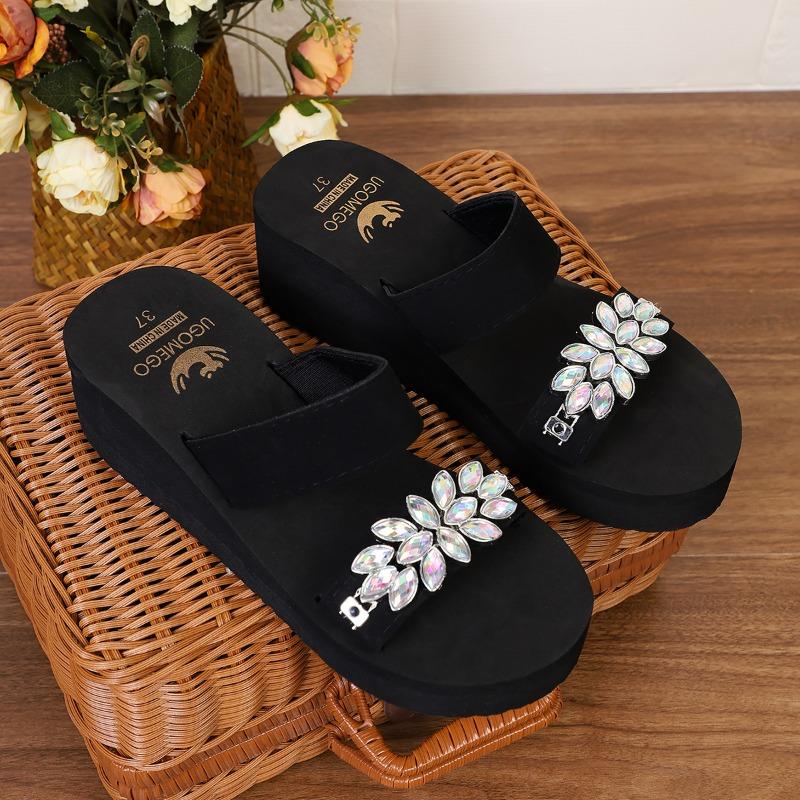 Fashion Summer Women Wedge Slide Beach Slipper Thick Heel Ladies Sandals Crystal Decorate No Slip Platform Slippers Plus Size 36-42