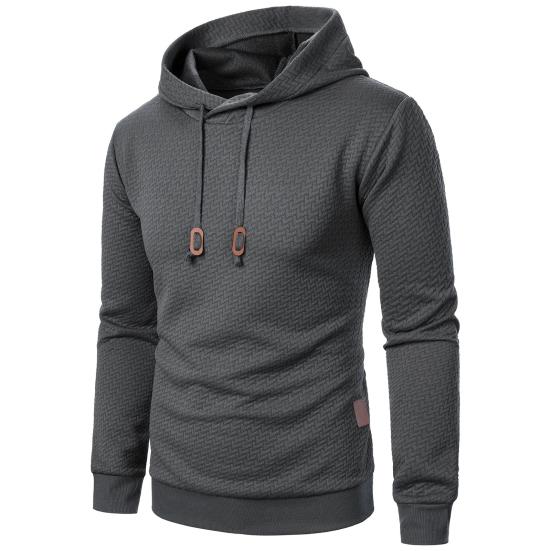 Men Fall Winter Hoodie Solid Color Drawstring Long Sleeves Jacquard Design Hooded Elastic Cuff And Hem Thin Daily Wear Casual Sport Top