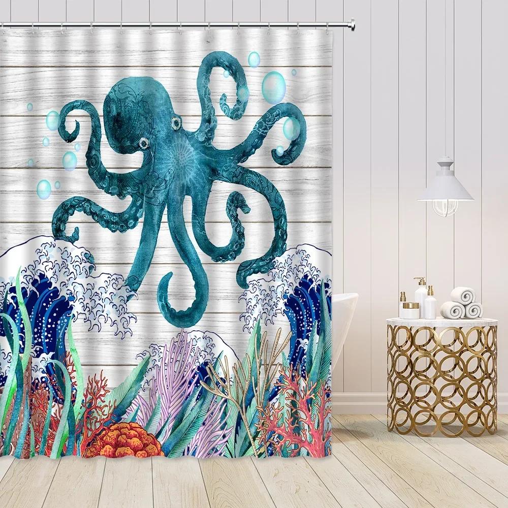 

Octopus Sea Turtle Shower Curtains Blue Marine Animal Whale Coral Vintage Background Polyester Fabric Bathroom Decor With Hooks W60H190(CM)-1 Pcs