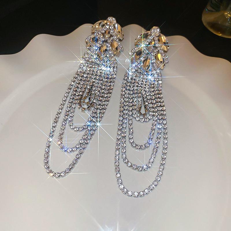 Silver Needle Diamond Flower Water Drop Tassel Earrings Exaggerated Earrings Light Luxury Premium Earrings Women