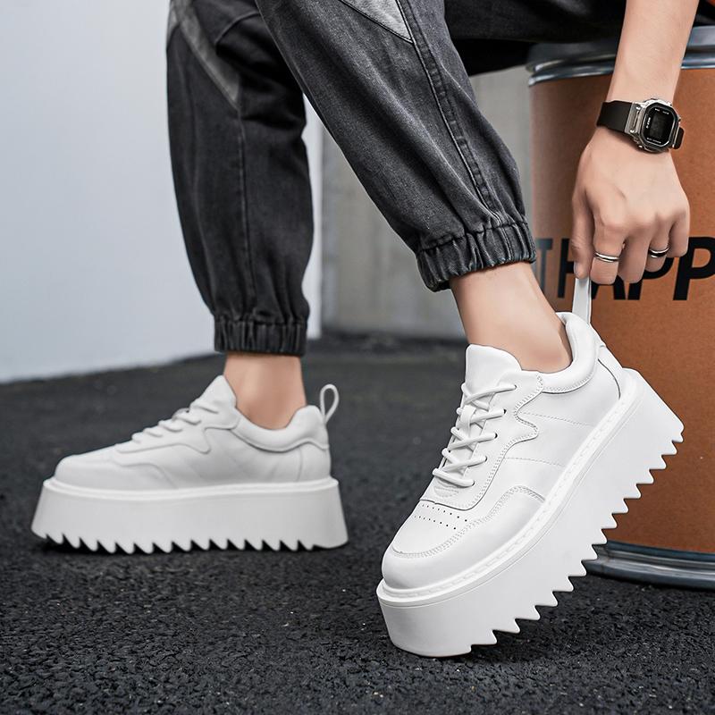 Sneakers Casual Men Genuine Leather White Shoes Fashion Upper Height Increased Platform Flat Shell Toe Board Shoes
