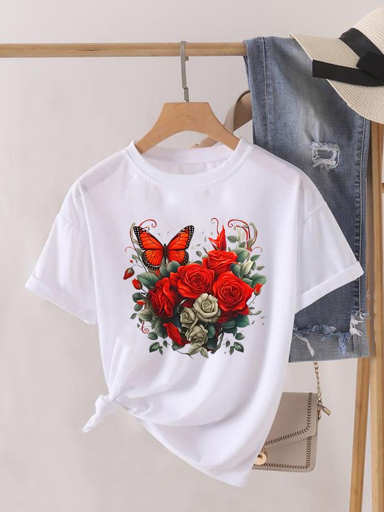 Aquarell Schmetterling Niedlich 90er Kleidung Damen Kurzarm T-Shirt Frauen Print Weiblich Grafik T-Shirts Mode Kleidung Lässiges T-Shirt