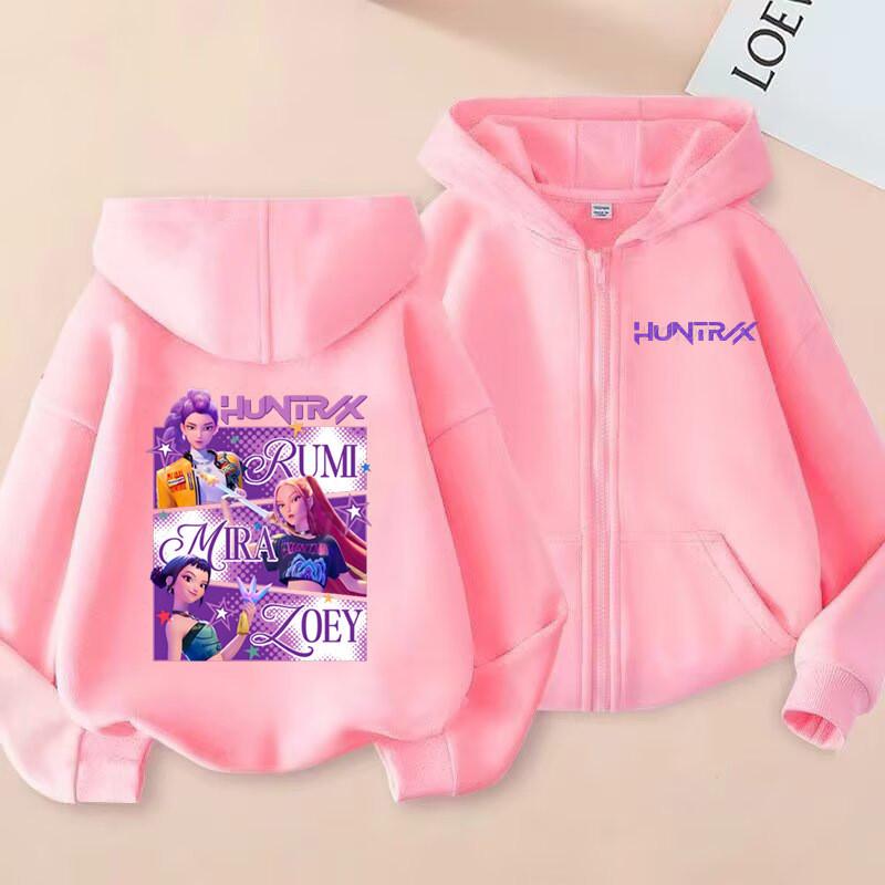 K-Pop Demon Hunters Zip Jacket Rumi Mira Zoey Cartoon Printed Children Clothing Casual Outerwear Hooded Coat Girls Clothes Gift