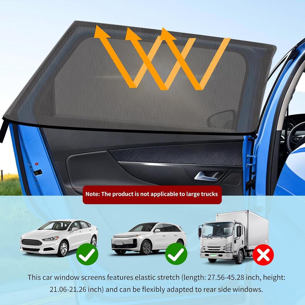2PCS Mesh Car Window Screen for Rear Side Windows,Stretchable Car Window Shades Keep Interior Breathable and Cool,Foldable Baby Windows Shades for