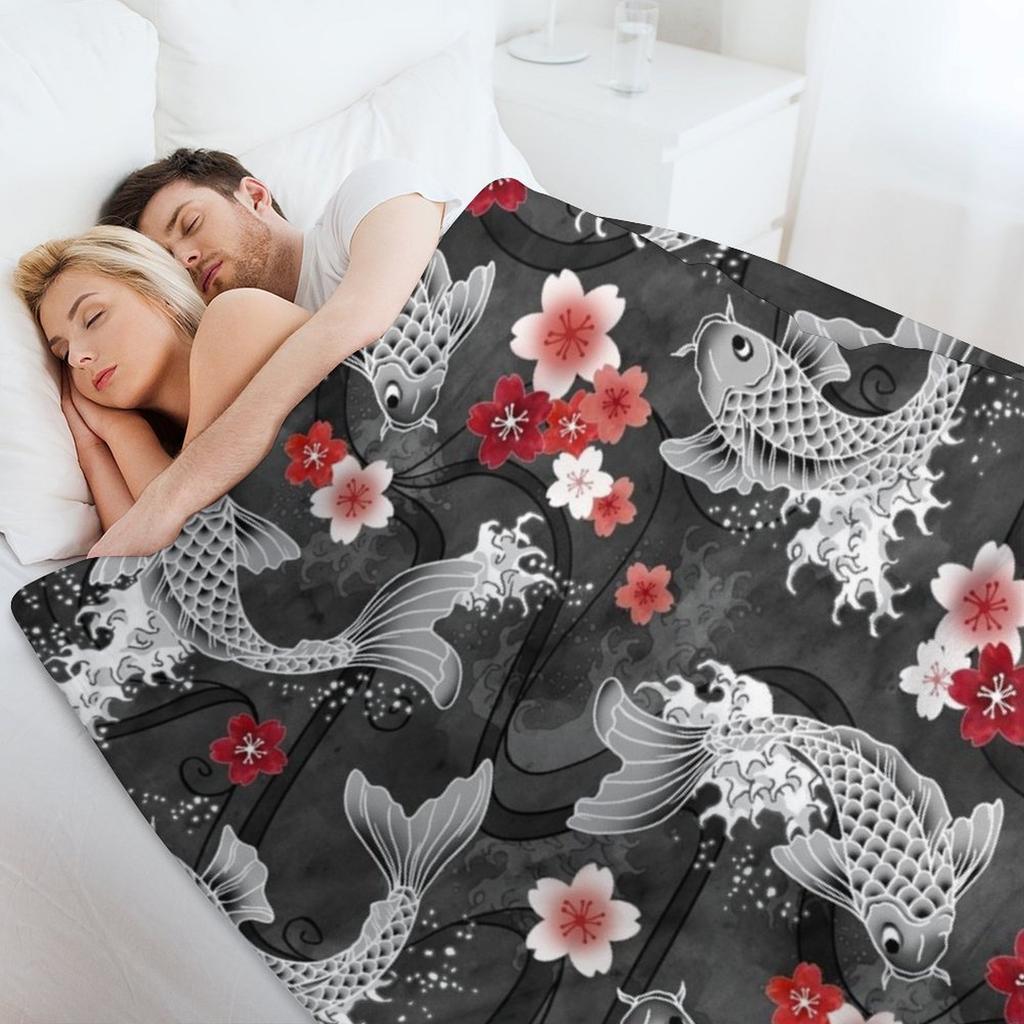 Koi Sakura Blossom In Black Throw Blanket Blankets Ands Luxury Designer Anime Decoratives Blankets