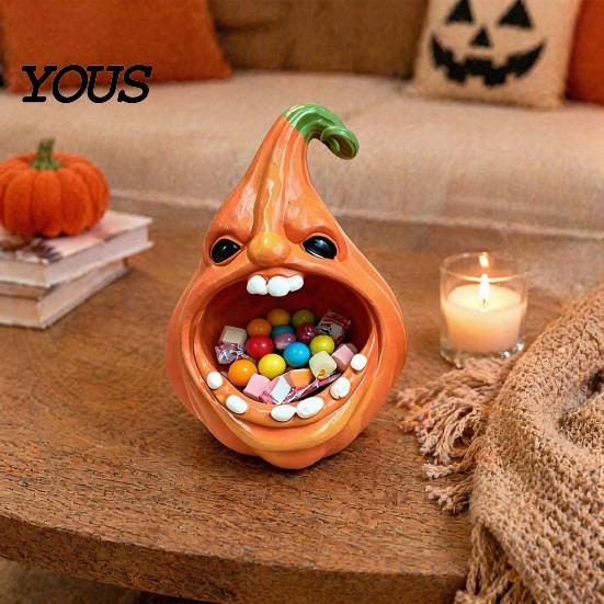 Trinket Keys Candy Holder Big Mouth Pumpkin Storage Box, Halloween Figurine Resin Jewelry Tray, Desktop Box for Home Office Desk Decor Party Ornament