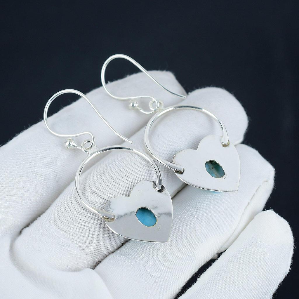 Natural Larimar Gemstone Heart Shape Earrings, 925 Sterling Silver Earring, Handmade Boho Silver Jewelry Dangle Earrings, Engagement Gift